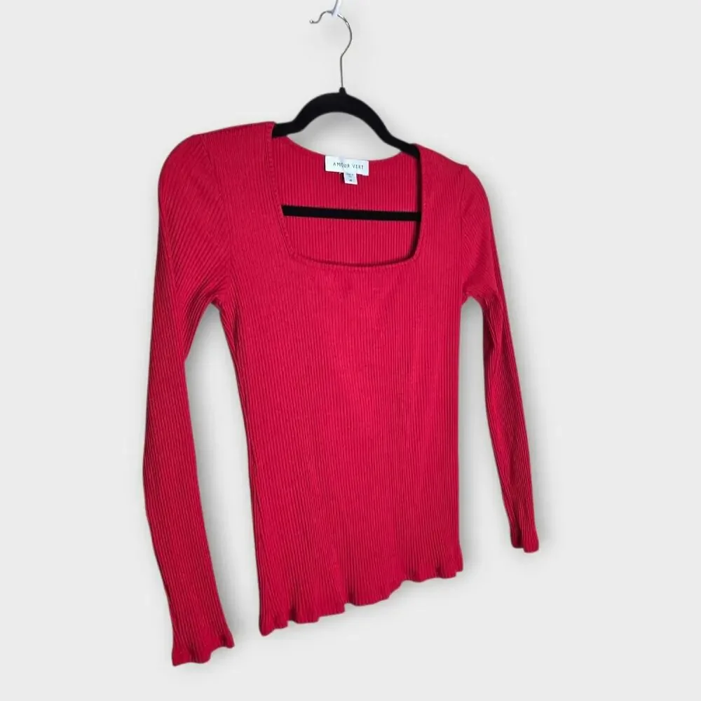Amour Vert Red Square Neck Ribbed Fitted Top Long Sleeve Womens Med